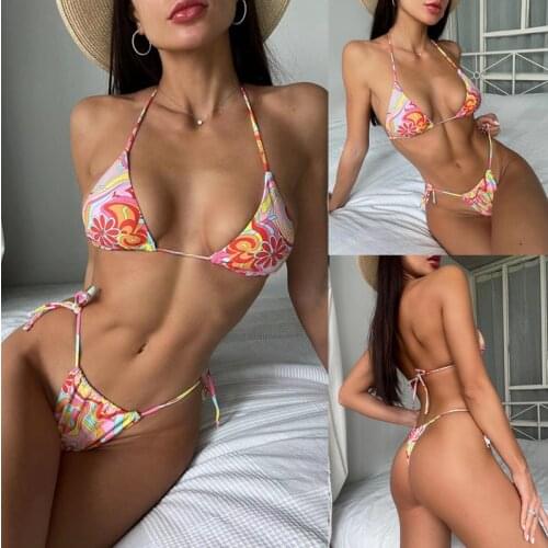 Floral Womens Swimsuit Brazilian Trikini Sexy Thong Bikinis Set Halter Swimwear Fashion Women Bathing Suit Micro Tanga Biquini