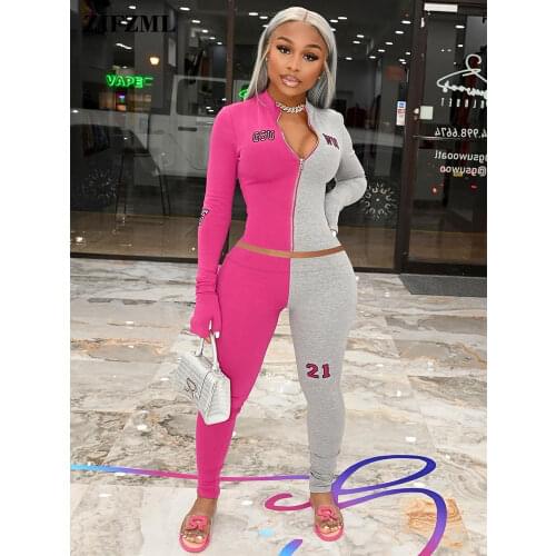 Plus Size Color Match Tracksuit Womens Sport Suit Zipper Up Long Sleeve Slim Fit Crop Top + Skinny Legging Sporty 2 Piece Sets
