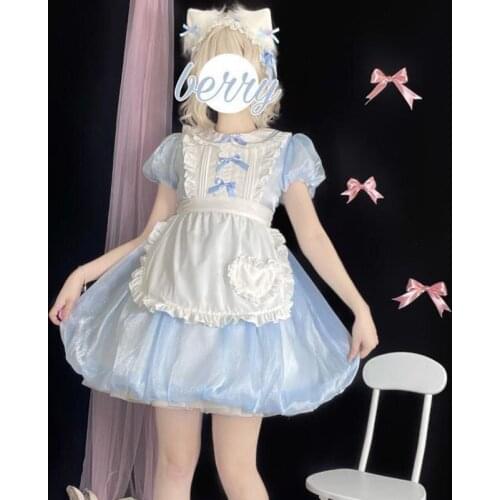 Heydress Vintage Girls Kawaii Bow Ruffles Maid Dress Sweet Lolita Op Dress Summer Women Victorian Cute Puff Sleeve Party Dress