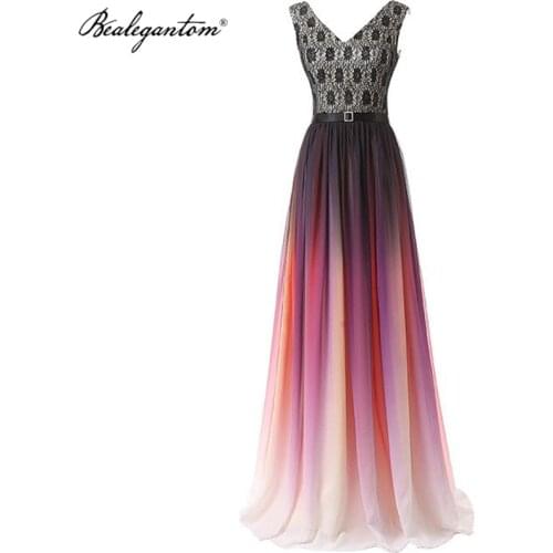Elegant Cheap V-Neck Chiffon Long Gradient Prom Dresses 2021 A-Line Lace Up Ombre Evening Party Gowns Robes De Soiree