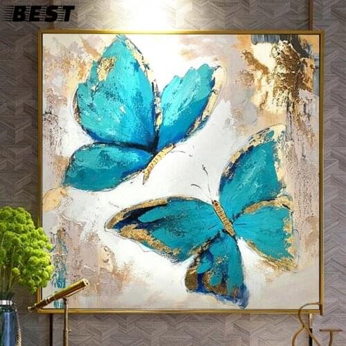 100% pintados à mão abstrata moderna borboleta azul pintura a óleo sobre tela arte da parede sem moldura imagem decoração para s