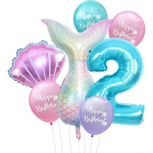 9pcs Mermaid Party Balloons 32inch Blue Number Foil Balloon Shell Mermaid Tail Balloon Girls Birthday Party Decorations