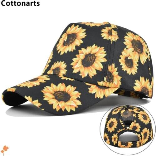 Unisex Sunflower Print Ponytail Hat Street Fashion Cotton Baseball Cap Casual All-match Adjustable Velcro Hip-Hop Hats for Men