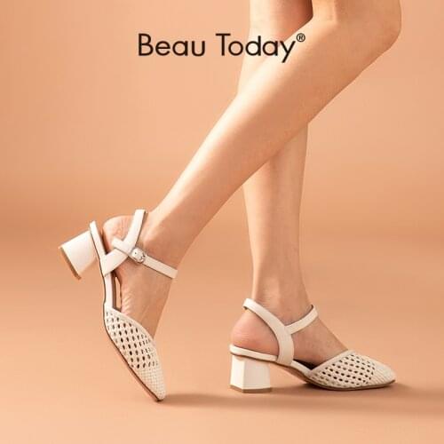 BeauToday Sandals Women Sheepskin Genuine Leather Weave Square Toe Ankle Buckle Strap Summer Lady Med Heel Shoes Handmade 31084