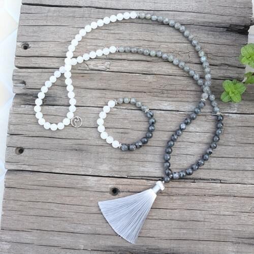 8mm Natural Stone Bead,Labradorite,White Stone,Spindrift,JapaMala Sets,Spiritual Jewelry,Meditation,Inspirational,108 Mala Beads