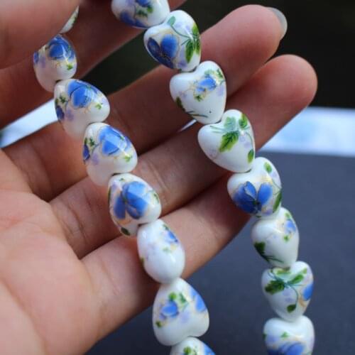 20Pieces 11.6mm*12mm*8.6mm Heart Shape Ceramic Beads Blue flowers for jewelry making 3991