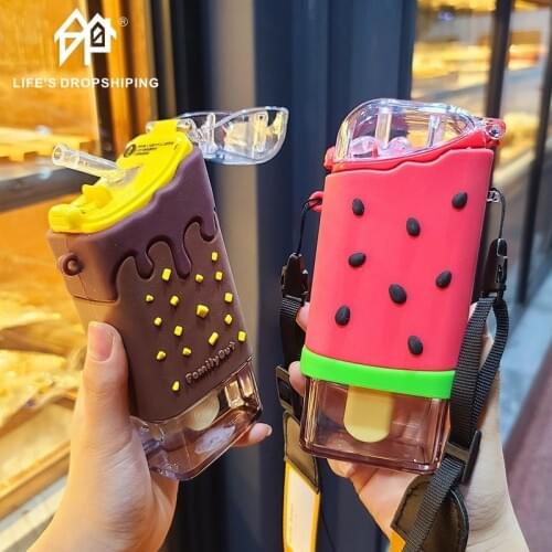 New Summer Cute Donut Ice Cream Water Bottle With Straw Creative Square Watermelon Cup Portable Leakproof Bottle BPA Free 1pcs