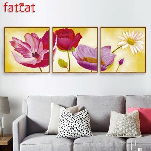 FATCAT 5d diy diamond painting pink rose lotus full square round drill diamond embroidery sale triptych flower home decor AE1609