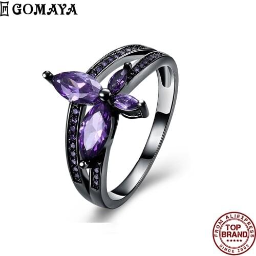 GOMAYA Purple Flowers shaped Clear Zircon Rings For Women Charm Romantic Finger Ring Fit Anniversary Wedding Gift To Girlfriend