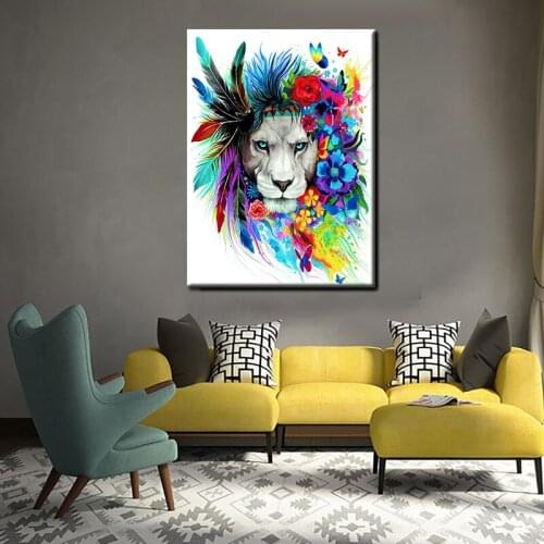 Large Size Canvas Paintings Wall Pictures For Kids Room Lion Colorful Wall Art Canvas Prints Painting Animals Feather Wall Decor