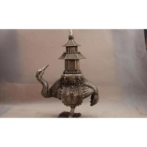 China White Copper Silver Buddhism Red-crowned crane Bird Incense Burner Censer