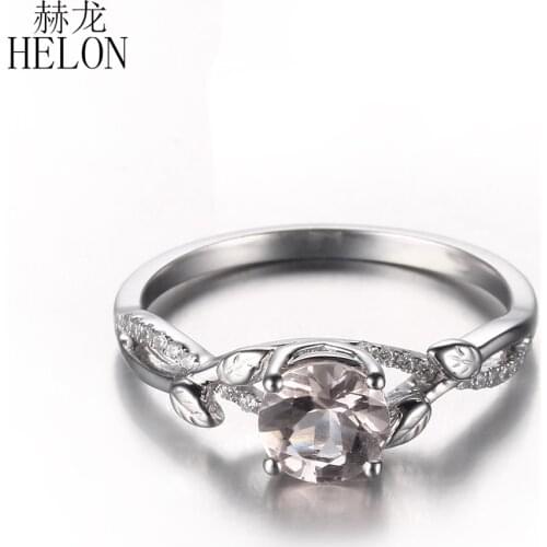HELON Solid 14K White Gold Flawless Round 6mm Genuine Morganite Diamonds Engagement Wedding Ring For Lady Elegant Fine Jewelry