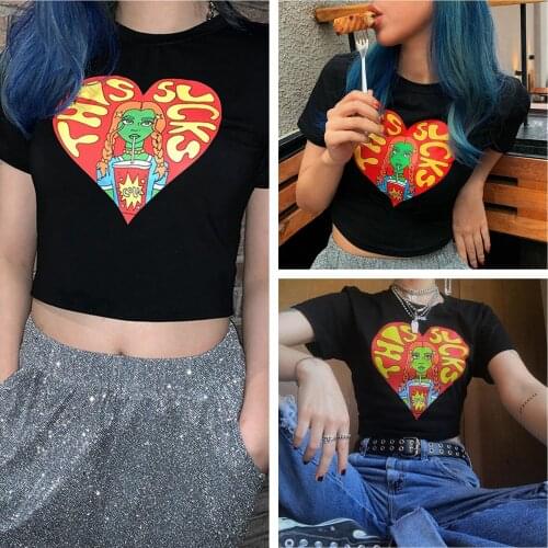 Short Sleeve Sexy Crop Tops 2021 Summer Women Gothic Letters Print Bodycon Gothic BLack T-shirts Streetwear Club Party Outfit