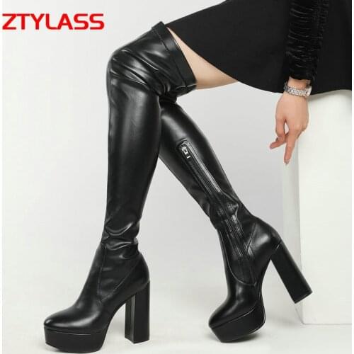 Fashion Zipper Square High Heel Women Over The Knee Boots Faux Suede Platform Stretch Long Boots Ladies Autumn Winter Shoes
