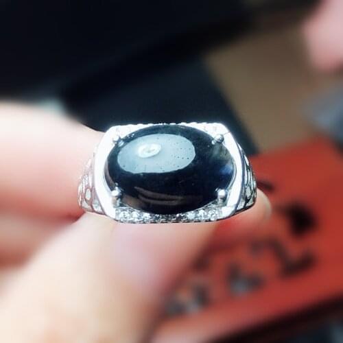 Men ring Natural real black sapphire big rings 925 sterling silver 8*14mm 6ct gemstone Per jewelry Fine jewelry X215910