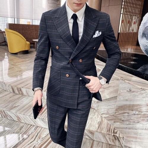 Winter British Slim Fit Business Double Breasted Suit Men Pattern Checked Trouser+Blazer 2pcs Suit Fancy Club Party Suit For Men