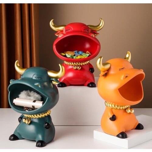 Nordic Resin Bull Figurine Key Storage Box Home Living Room Decoration Fruit Plate Candy Storage Case Container Creative Gift
