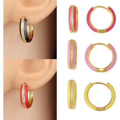 New Cute Huggie CZ Ear Circle Red Purple Yellow 10 Colors Ceramic Glaze Charm Small Hoop Earrings For Women Fashion Jewelry