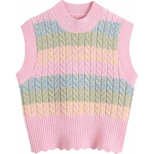 ZA New Women Sweet Fashion Color Matching Knitted Vest Sweater Vintage O Neck Sleeveless Female Waistcoat Chic Tops