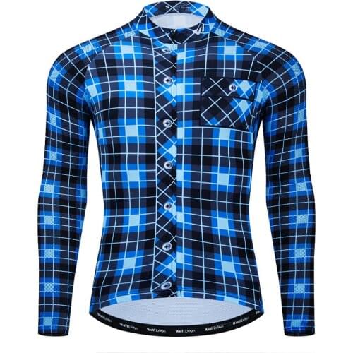 WULIBIKE Autumn Cycling Jersey Mens Long Sleeve Quick-Dry Breathable Mtb Bicycle Clothes British Retro Checked Shirt Blue