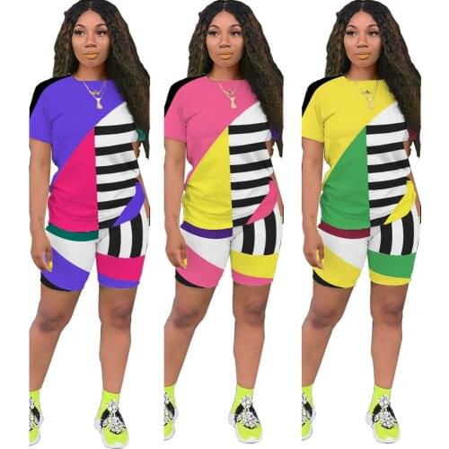 S-5XL plus size two peice set for women fashion sport casual Geometric stripes When splicing Short sleeve O-Neck summer outfits
