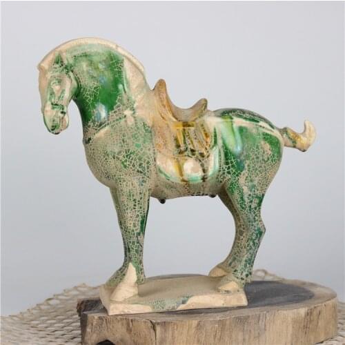 8.2“Old China antique Collection Datang Tri Color War horse carving statu