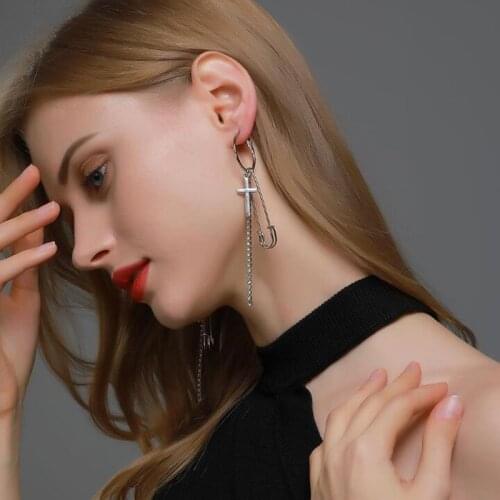Hip Hop Silver Color Cross Pin Tassel Earrings Punk Rock Long Chain Hoop Earrings Huggies Round Circle Ear Ring Korean Jewelry