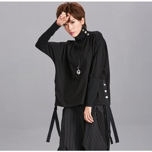 Turtleneck Casual Women Tops Black Cotton Loose Long Sleeved Solid color Spring autumn T-Shirt O-Neck Fashion Irregular Blouse