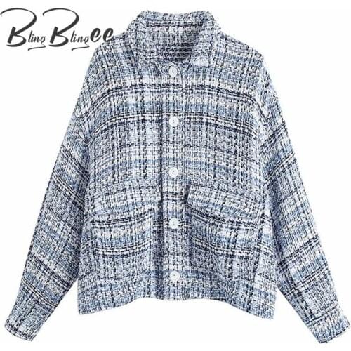 BlingBlingee Spring Autumn Drop Shoulder Sleeve Textured Check Jacket Single Breasted Women Casual Loose Plaid Coat Female Tops