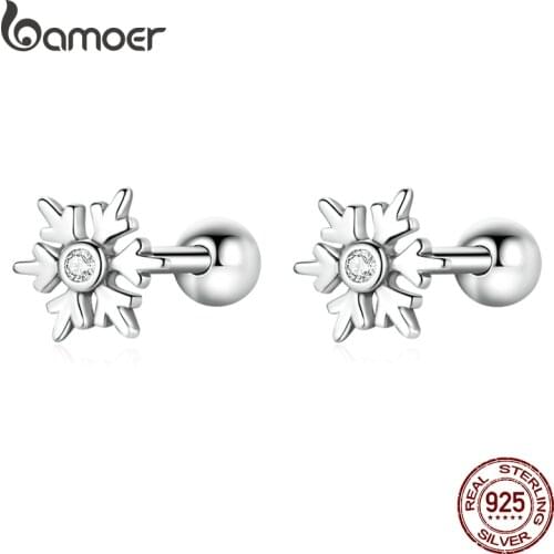 Bamoer Shiny Silver Snowflake Earrings Zircon 925 Sterling Silver Stud Earrings for Women Winter Wedding Jewelry Christmas Gift