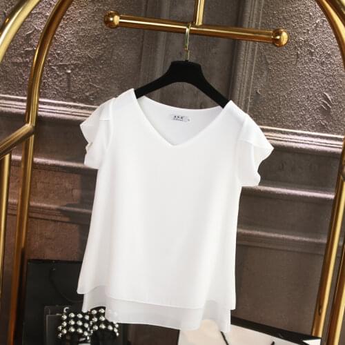 Banerdanni Womens Blouses Summer Korean Fashion Trendy Brand Large Size V-neck Short-sleeved Shirt Womens Solid Color Tops