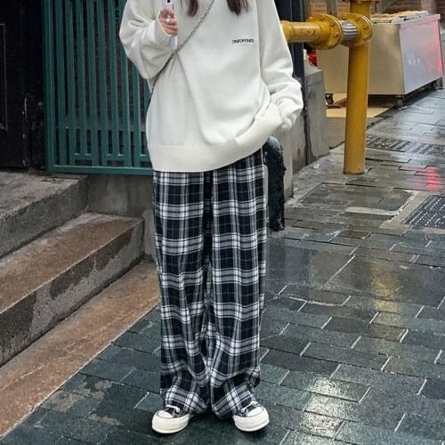 Plaid Pants Womens Plus Size M-4XL Autumn Casual Chic Loose Straight Wide Leg Trousers Ins Vintage Hip Hop Streetwear Sweatpants