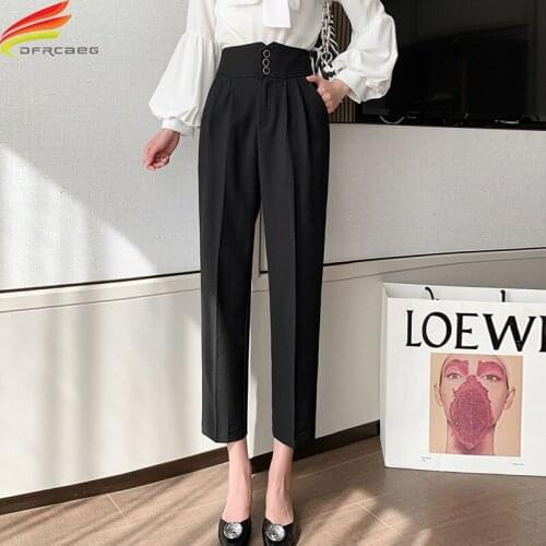 New 2021 Autumn Pants Women High Waist Three Buttons Up Straight Beige Or Black Suits Pants Korean Fashion Ladies Trousers