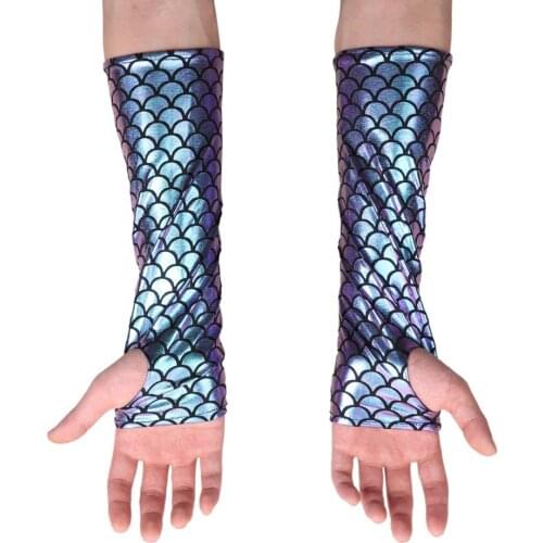 Women Mermaid Costume Fish Scale Pattern Printed Fingerless Long Gloves Arm Sleeves Adult Halloween Cosplay Costume Accessory
