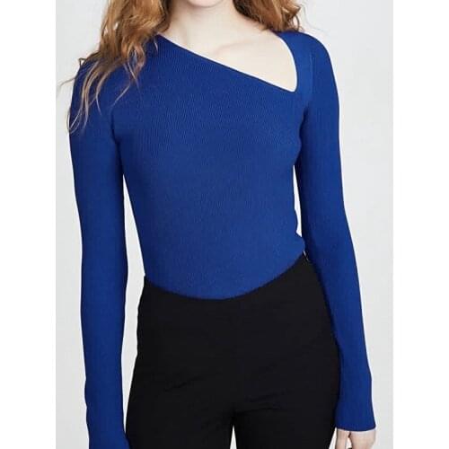 Women Sweaters Slanted Shoulder Irregular Collar Ribbed Knit Base Cardigan French Retro Sexy Slim Slim Long Sleeve Sweater