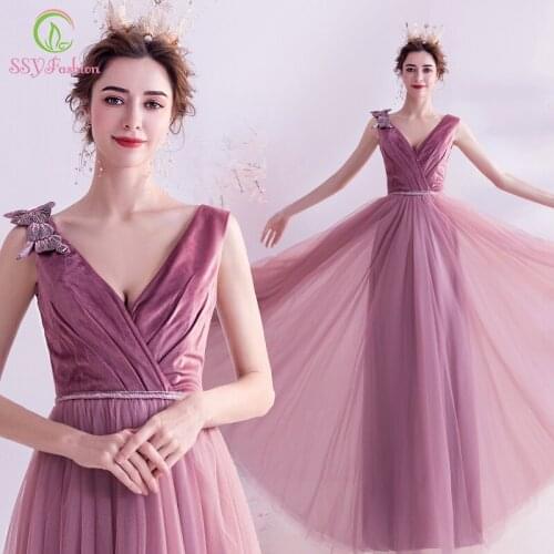 SSYFashion New Banquet Elegant Dark Pink Velour Evening Dress Simple V-neck Floor-length Beading Formal Gown Vestidos De Noche