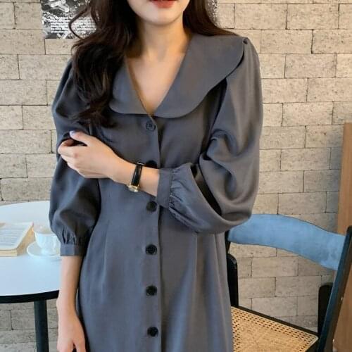 2021 Women Autumn Elegant Long Shirt Dress Ruffled Collar Single Breasted Full Sleeve Midi Dresses Solid Color