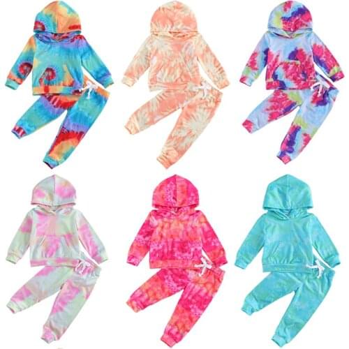 2020 Fashion Tie-Dye Printed Girls Boys Clothes Sets Long Sleeve Pullover Hooded Tops Pants 2pcs Autumn Winter Outfits