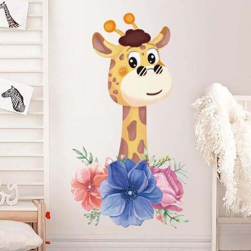 Cartoon Giraffe Wall Stickers Kids Room Animals Wall Decals Art Poster Living Room Wallpaper Door Paste Self-adhesive Home Decor