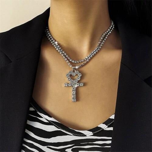 2021 Layered Shiny Full Paved Rhinestones Chain Necklace for Women Crystal Egypt Ankh Cross Key Pendant Necklaces Neck Jewelry