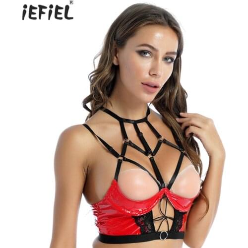 Women Sissy Exotic Halter Neck Hollow Out Strappy Patent Leather Bra Tops Nightwear Back Zipper Underwire Unlined Bra Brassiere
