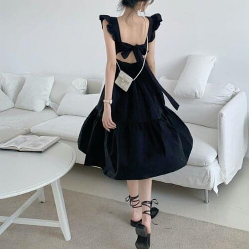 French Design Bow Black Sexy Dresses Women Sleeveless Vintage Midi Dress Females Summer 2021 Korean Backless Evening Party Dress