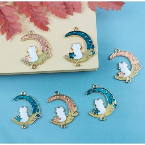 JeQue 10pcs Moon Cat Connector Cats Sit On The Moon Enamel Charms Alloy Pendants Dangle DIY Jewelry Earring Necklace Accessories
