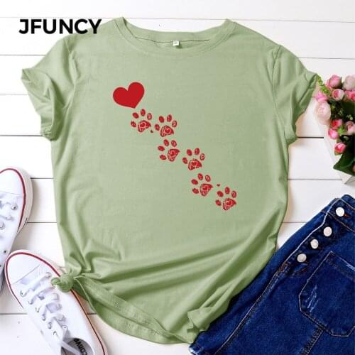 JFUNCY Women Summer Tops 100% Cotton Oversize Short Sleeve T-shirts Female Casual Tshirt Dogs Footprint Print Lady Tees