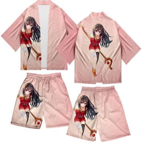 Ava Max Japanese Traditional Orient Ethnic Cardigan Polyester Fiber Kimono Haori Unisex Thin Loose Outfits And Short Pants Suits