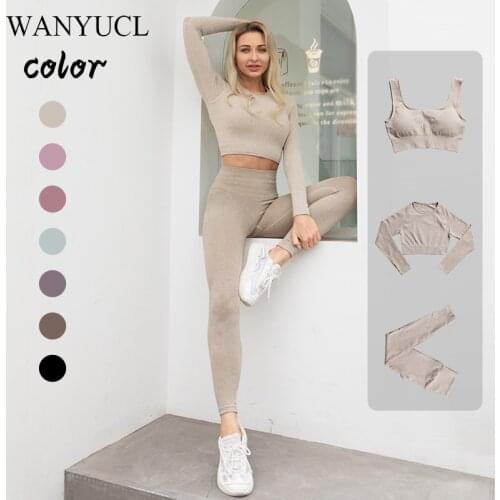 2/3Pcs Fitness Suits Yoga Women Outfits Sets Long Sleeve Shirt+Sport Bra+Seamless Leggings Workout Running Clothing Gym Women