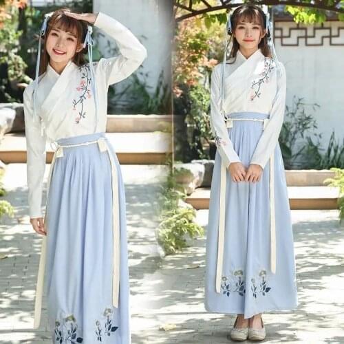 Ancient Chinese Style Hanfu Costume Elegant Women Festival Stage Performance Folk Dance Dress Retro Flower Embroidery Outfit