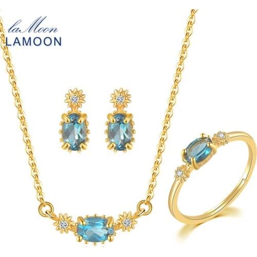LAMOON Vingtate 925 Silver Jewelry Set For Women Star Natural London Blue Topaz 14K Gold Plated Fine Jewelry Brithday Gift V076
