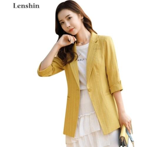 Lenshin Striped Jacket for Women with Pockets Female Casual Style Breathable Coat Half Sleeve Blazer Single Button Tops Outwear