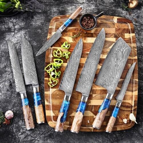 Kitchen Knives-Set Damascus Steel VG10 Chef Knife Cleaver Paring Bread Knife Blue Resin and Color Wood Handle Cooking Tool